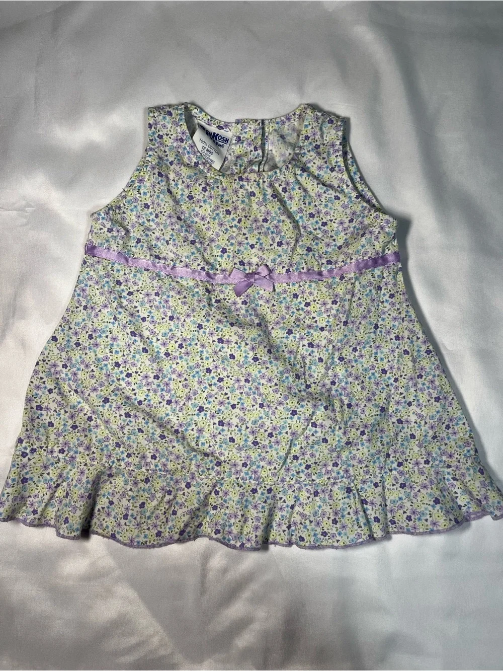Vtg OshKosh B’gosh Baby Girls Dress 12M Purple Green Floral Bow 100% Cotton
